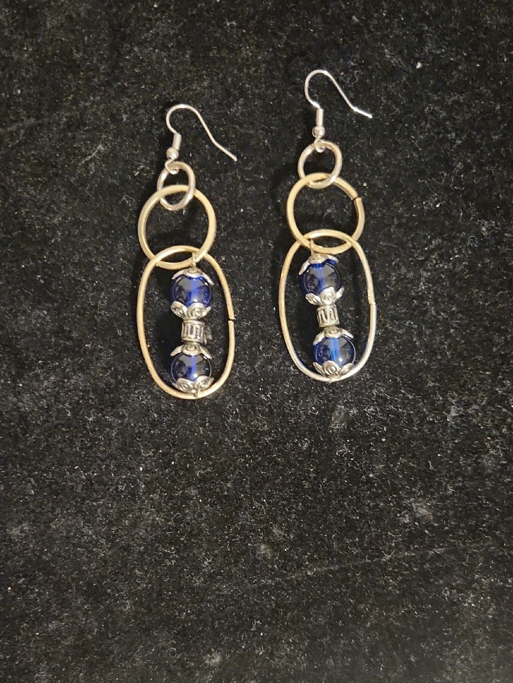 Blue Bead Silver Hoop Drop Earrings - Women Jewelry